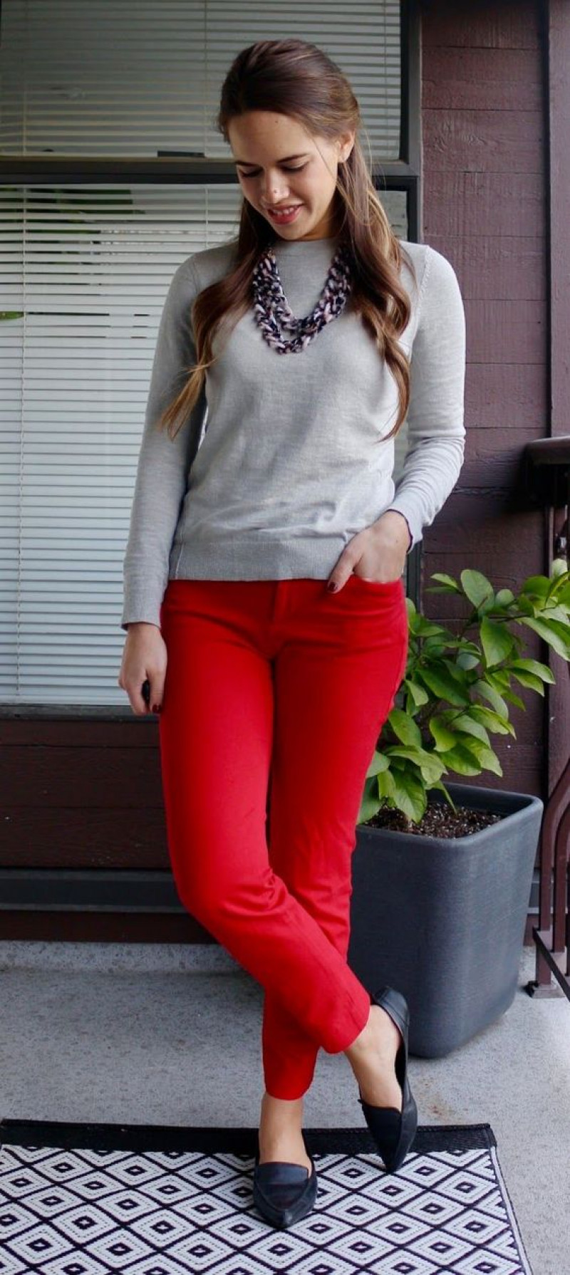 Grey Long Sleeves Sweater, Red Cotton Casual Trouser, Outfits With Red Pants / Jeans