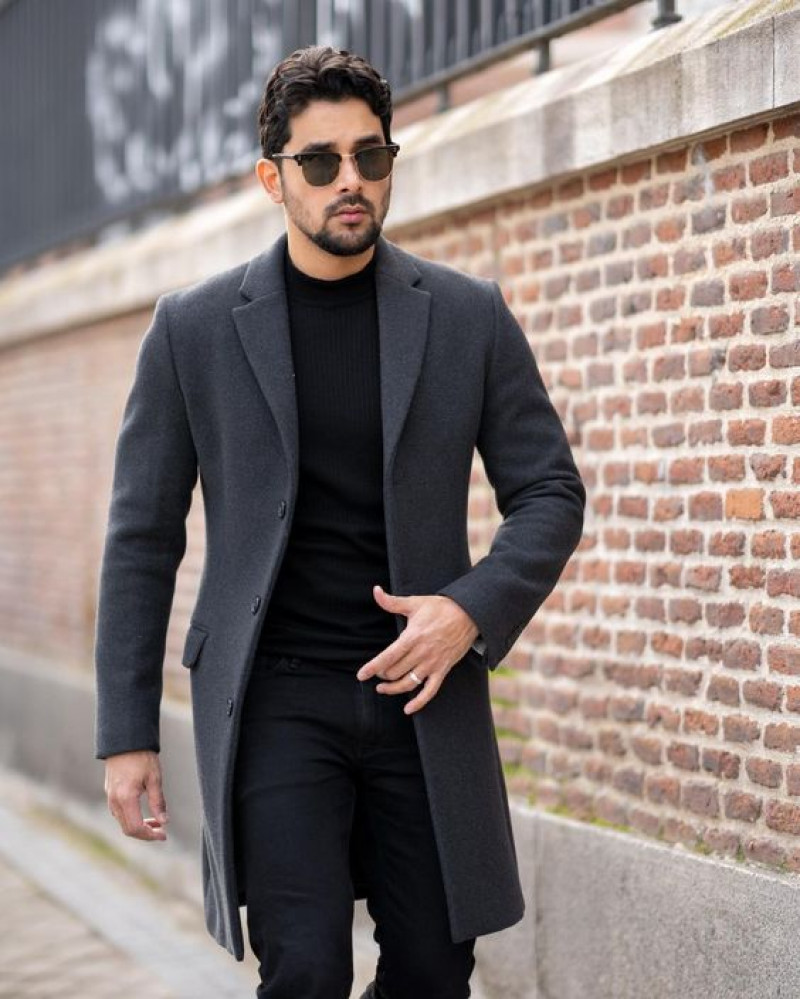 Grey Wool Coat, Black Cotton Suit Trouser, Outfits