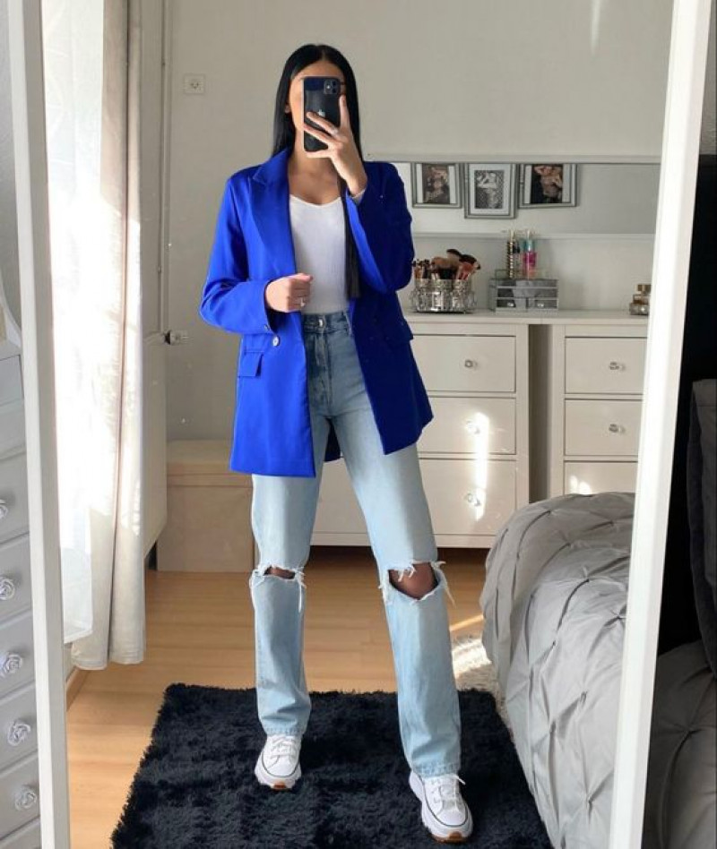 Light Blue Wool Coat, Light Blue Denim Casual Trouser, Blue Blazer Outfit