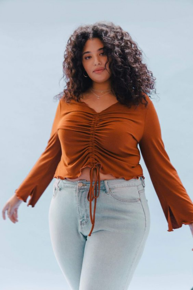 Orange Long Sleeves Upper, Light Blue Denim Jeans, Crop Top Outfits