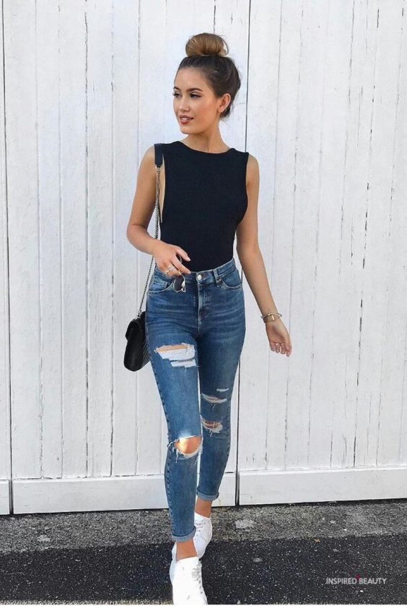 Black Sleeveless Shell Top, Dark Blue And Navy Denim Casual Trouser, Outfits For Teenage Girl