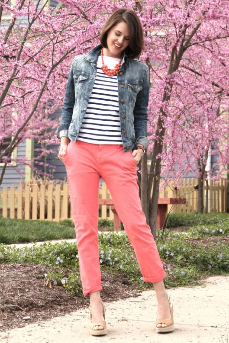 Light Blue Casual Jacket, Pink Cotton Jeans, Coral Outfits