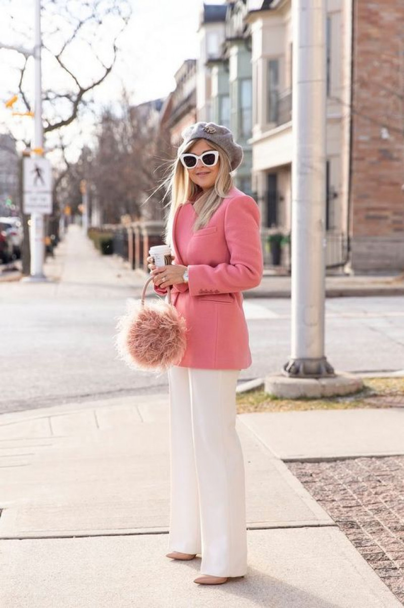 Pink Wool Coat, White Cotton Casual Trouser, Outfits Ideas