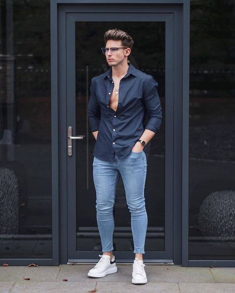 Dark Blue And Navy Long Sleeves Denim Shirt, Light Blue Denim Casual Trouser, Men's Blue Jeans