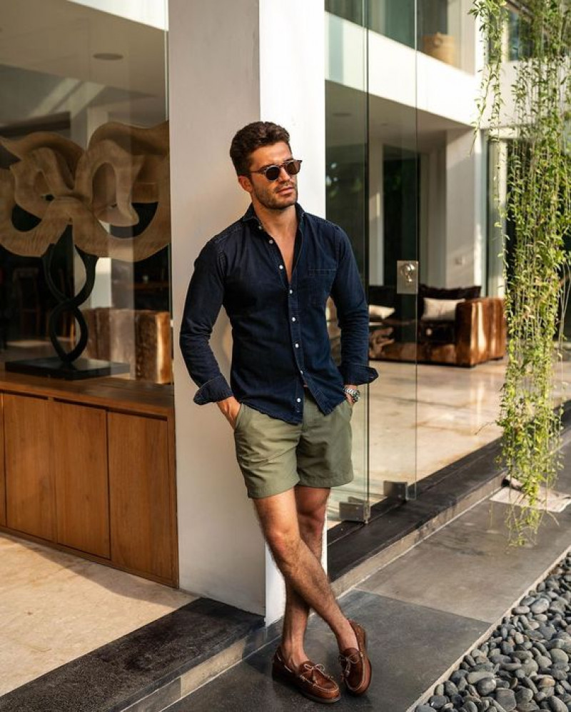 Dark Blue And Navy Long Sleeves Denim Shirt, Green Cotton Denim Short, Men's Loafer With Shorts