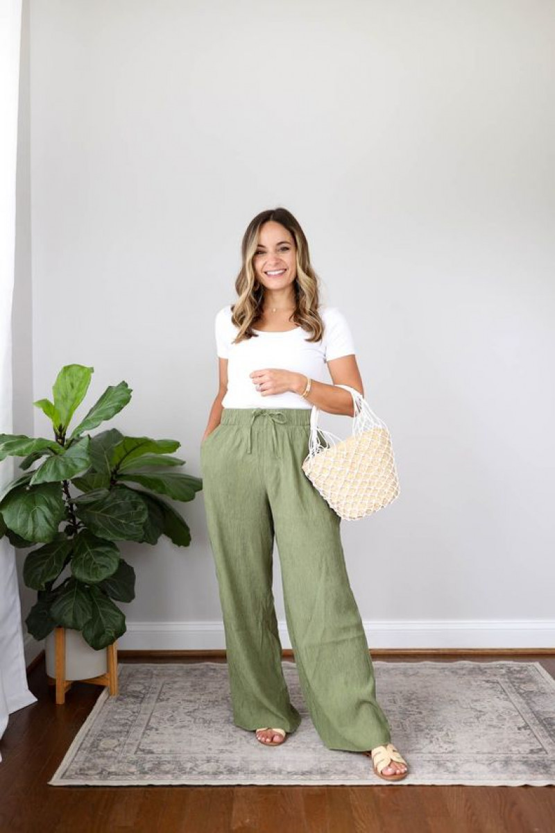 White Short Sleeves T-Shirt, Green Knitwear Casual Trouser, Outfits