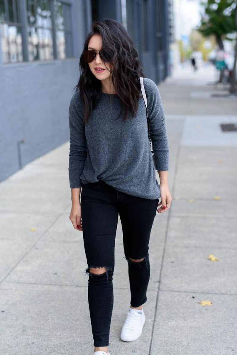 Grey 3/4 Sleeves Sweater, Black Denim Sportswear Legging, Black Jeans And White Shoes Outfits
