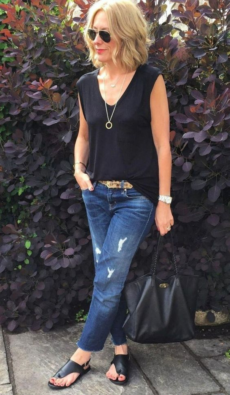 Dark Blue And Navy Sleeveless Vest, Dark Blue And Navy Denim Casual Trouser, Dress Over 50