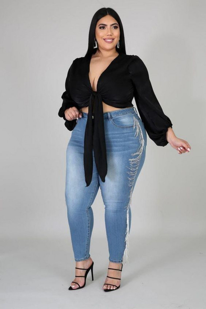 Black Long Sleeves Cardigan, Light Blue Denim Casual Trouser, Crop Top Outfits