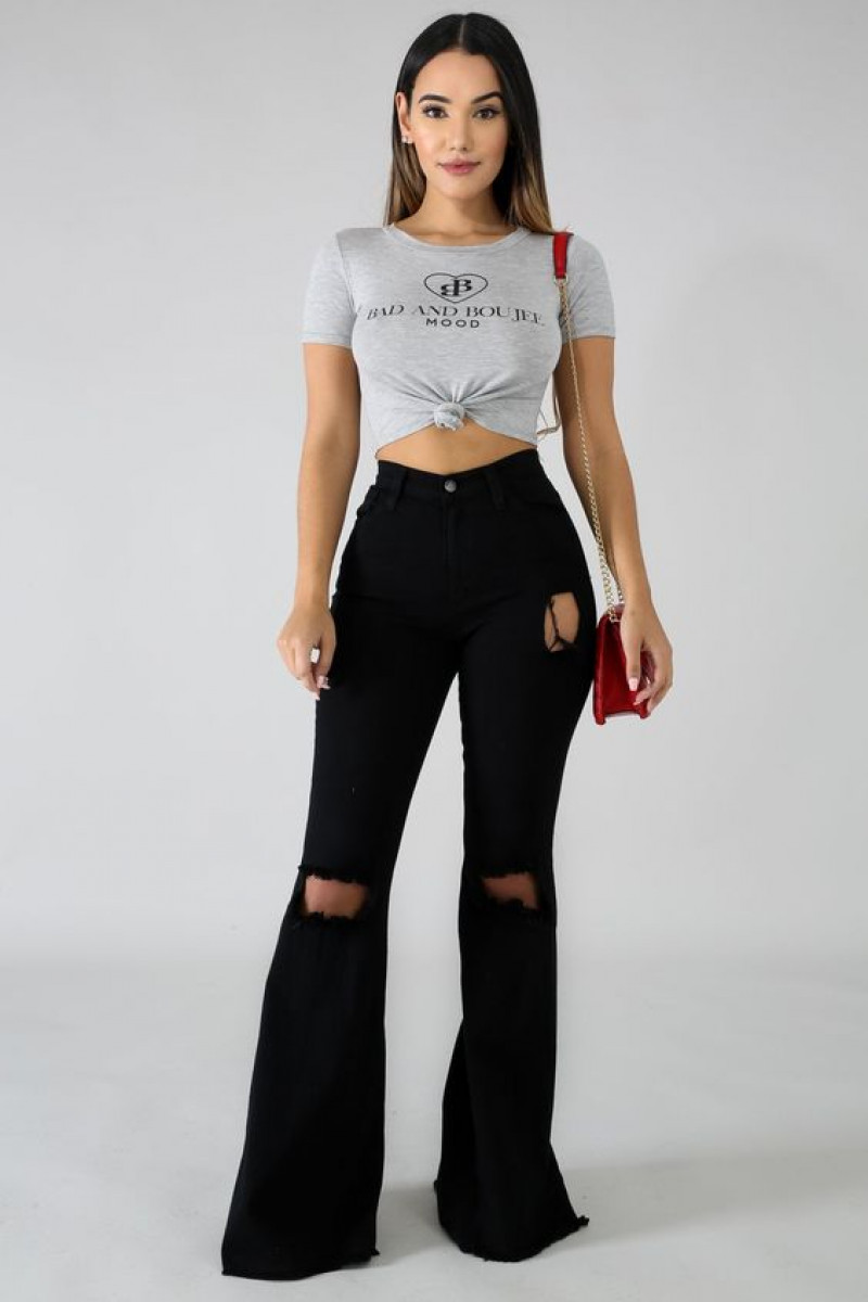 Grey Short Sleeves T-Shirt, Black Sweat Pant, Bell Bottom Outfits