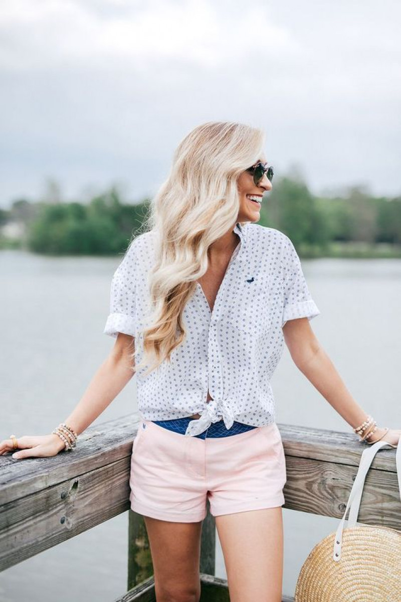 White Short Sleeves Blouse, Pink Cotton Casual Short, Boating Outfits