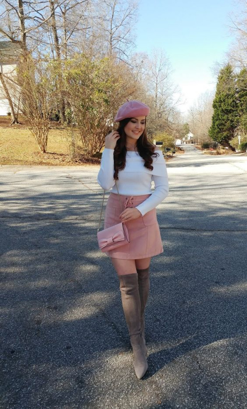 White Long Sleeves Shirt, Pink Cotton Casual Skirt, Outfits Ideas