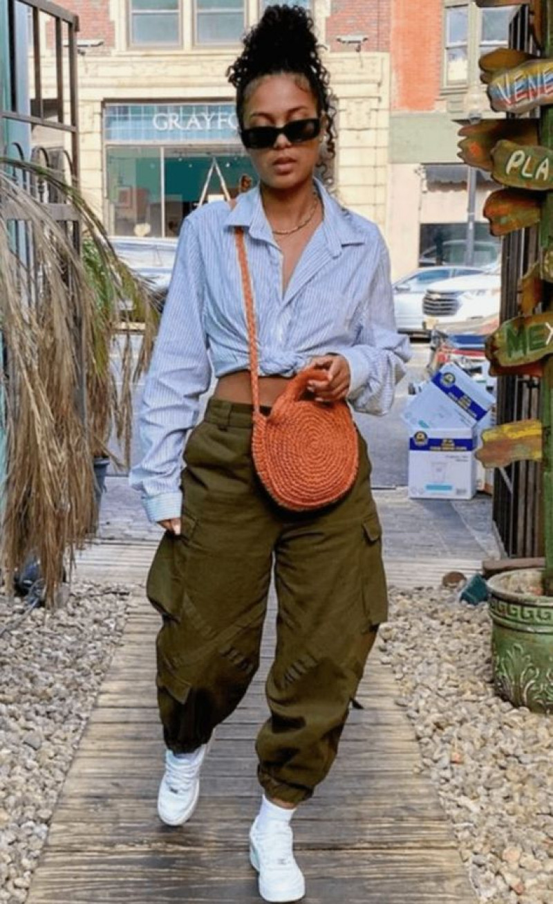 Light Blue Long Sleeves Shirt, Green Knitwear Casual Trouser, Green Cargo Pants Outfit