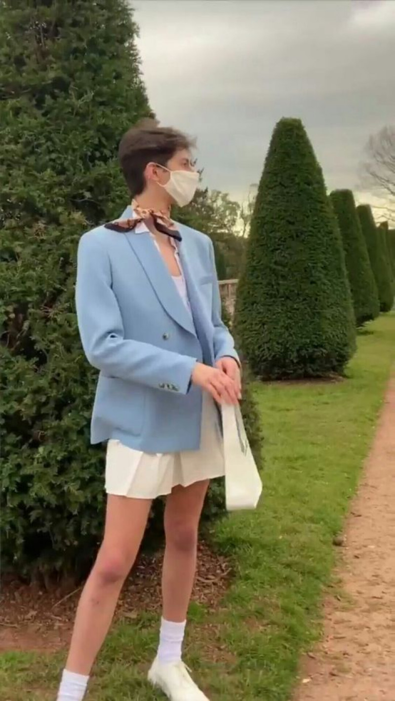 Light Blue Suit Jackets And Tuxedo, White Cotton Pleated, Femboy Outfits