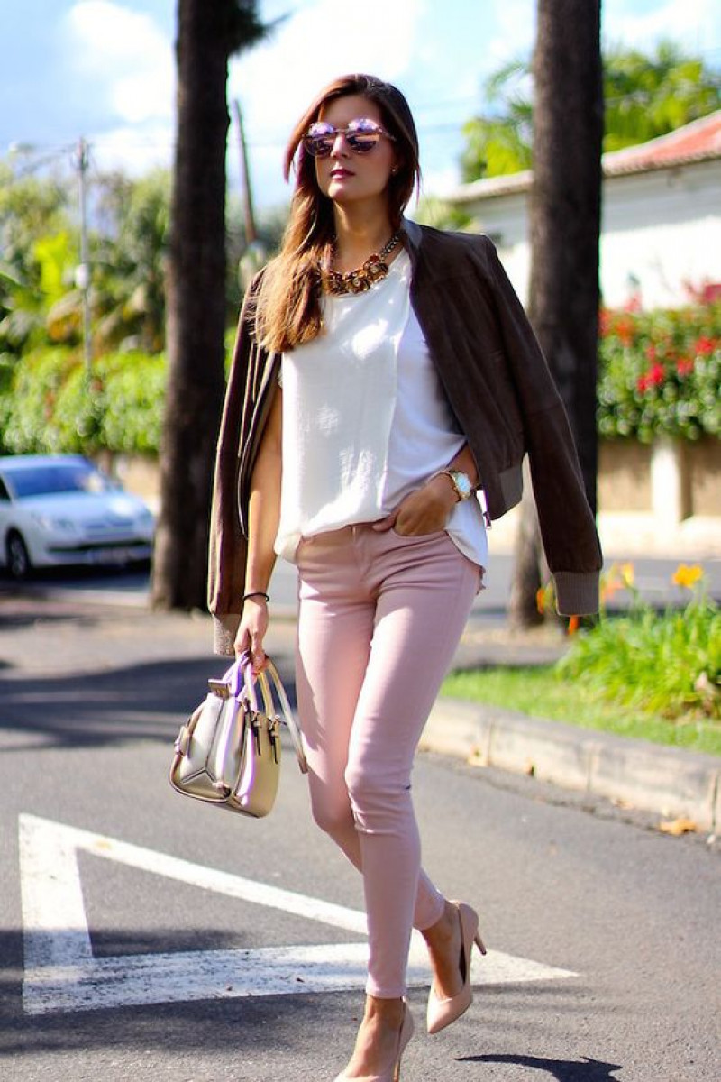 Brown Bomber Jacket, Pink Silk Legging, Pink Jeans Outfit