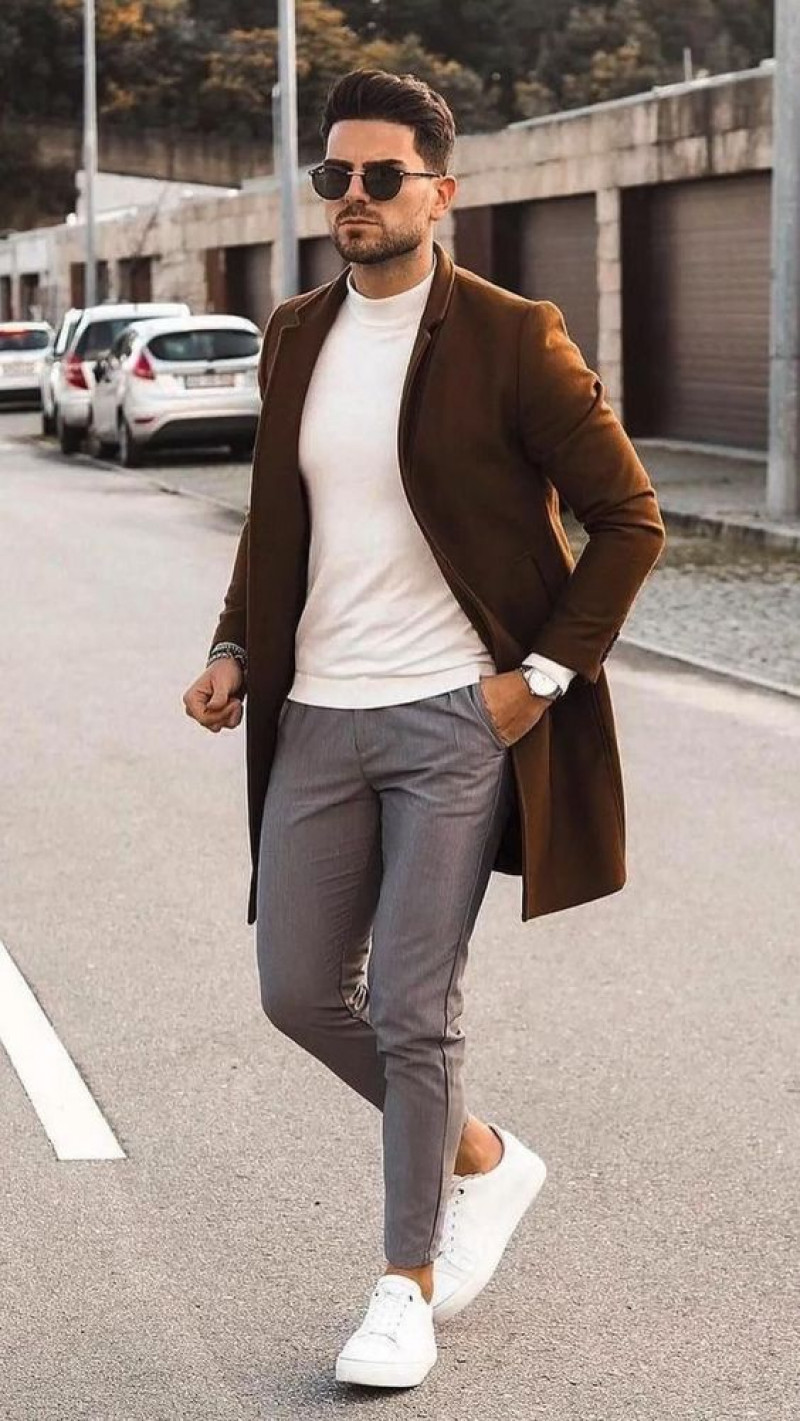 Brown Winter Coat, Grey Denim Suit Trouser, Coat Outfits