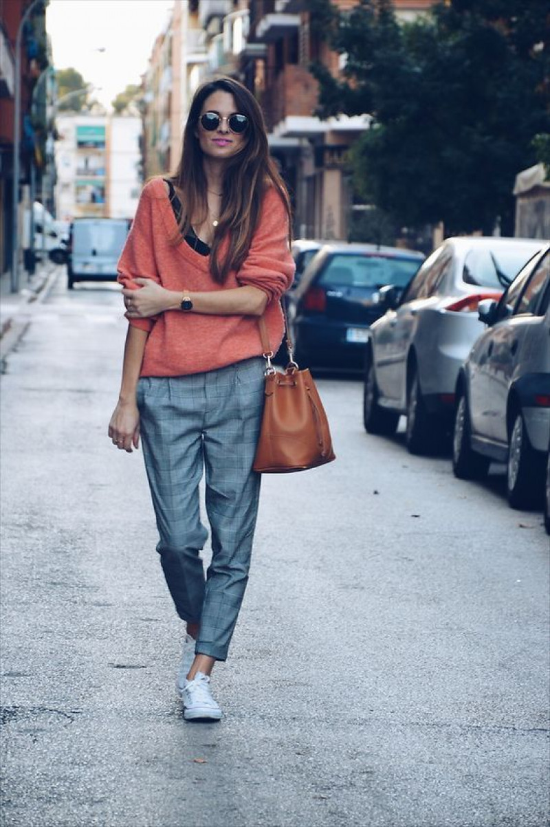 Orange 3/4 Sleeves Sweater, Grey Denim Suit Trouser, Coral Outfits