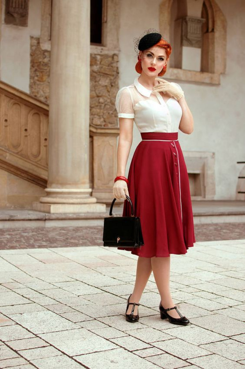 White Short Sleeves Upper, Red Silk Formal Skirt, Modern Retro