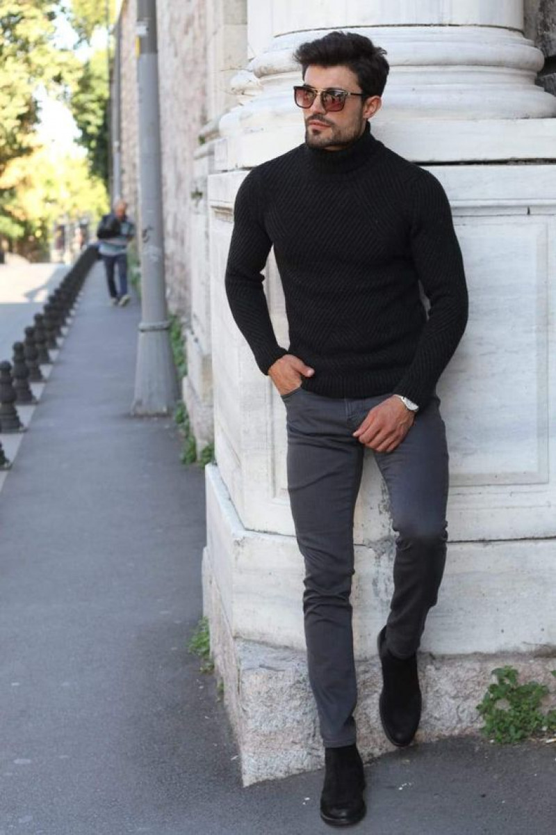 Black Long Sleeves Sweater, Grey Cotton Casual Trouser, Mens Turtleneck Outfits