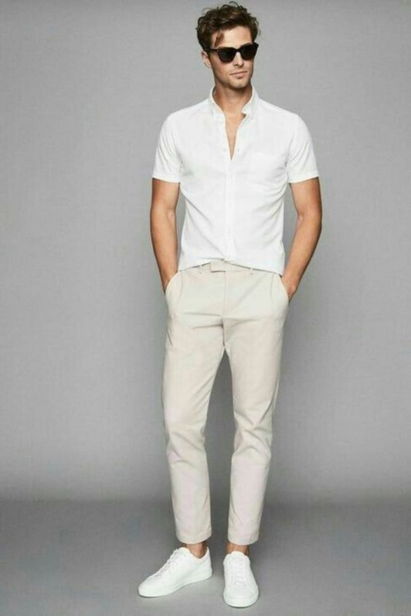 White Short Sleeves Shirt, Beige Cotton Sweat Pant, White Outfit