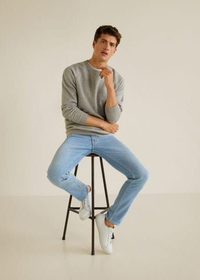 Grey Long Sleeves T-Shirt, Light Blue Denim Casual Trouser, Men's Blue Jeans