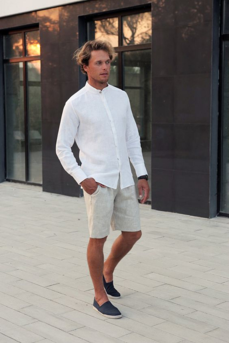 White Long Sleeves Shirt, White Beach Pant, Men's Loafer With Shorts