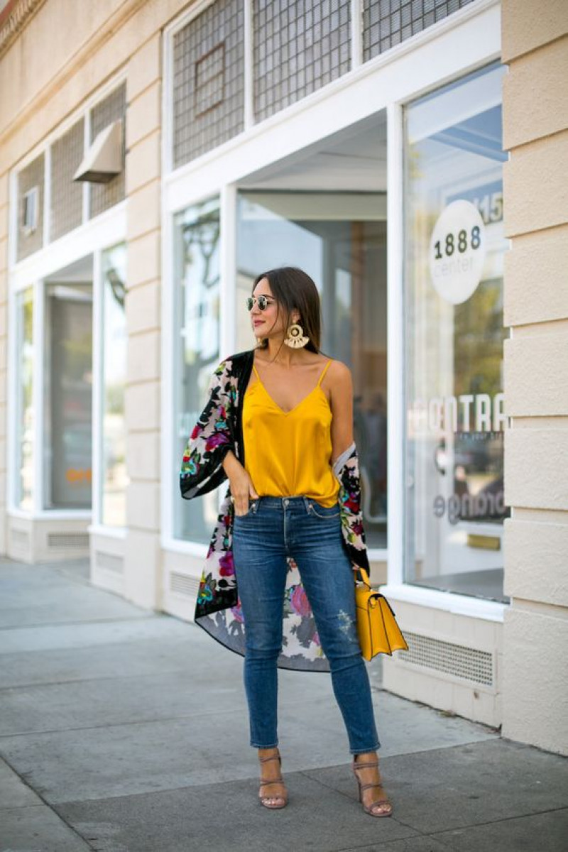 Long Sleeves Blouse, Dark Blue And Navy Denim Casual Trouser, Yellow Top With Jeans