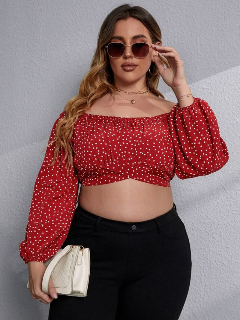 Red Long Sleeves Bardot Top, Black Cotton Jeans, Crop Top Outfits