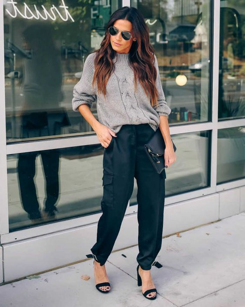 Grey 3/4 Sleeves Sweater, Black Casual Trouser, Black Cargo Pants Outfit