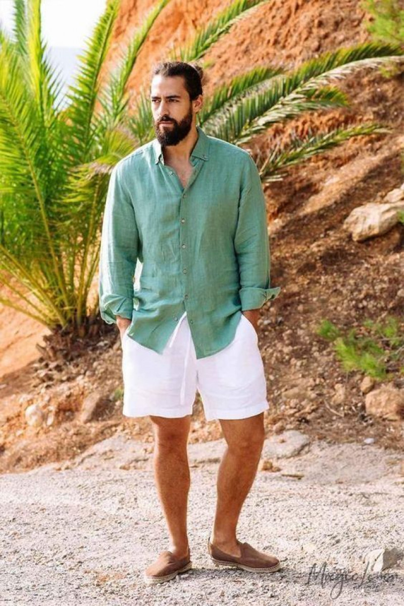 Green 3/4 Sleeves Shirt, White Cotton Hotpant, Men's Loafer With Shorts
