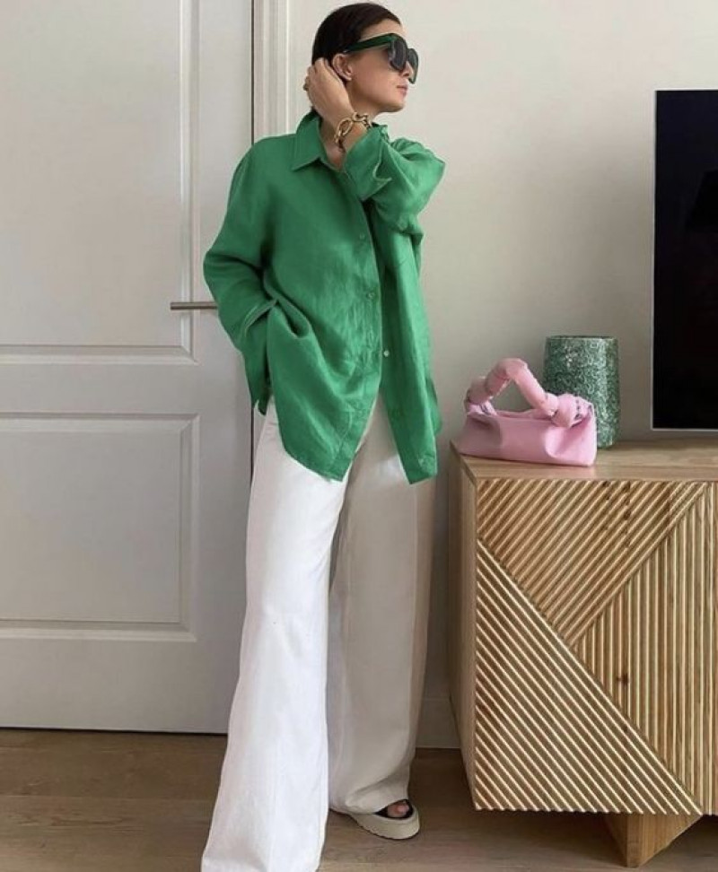 Green Long Sleeves Shirt, White Cotton Casual Trouser, Outfits