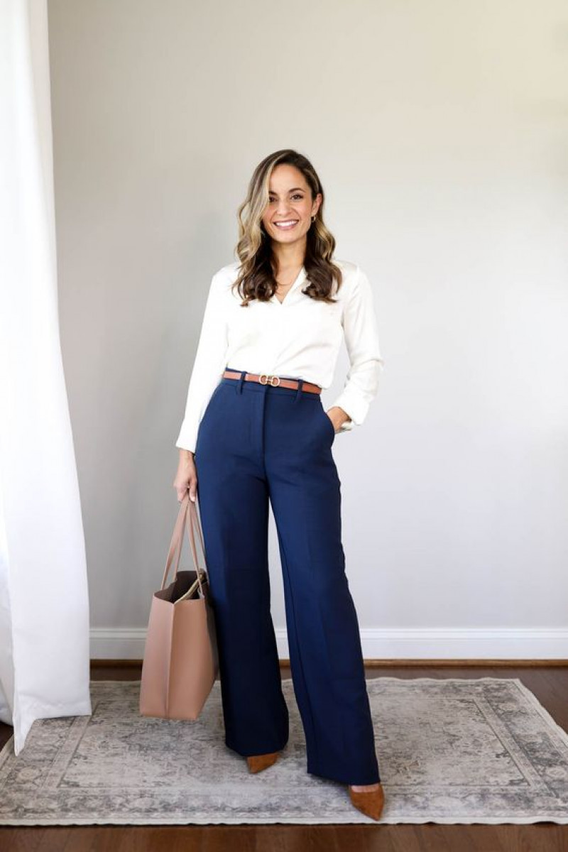 White Long Sleeves Cropped Blouse, Dark Blue And Navy Cotton Formal Trouser, Outfits