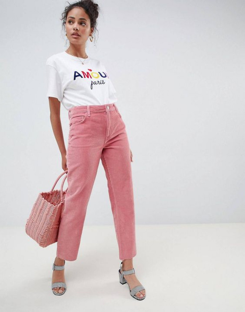 White Short Sleeves T-Shirt, Pink Corduroy Culotte, Pink Jeans Outfit