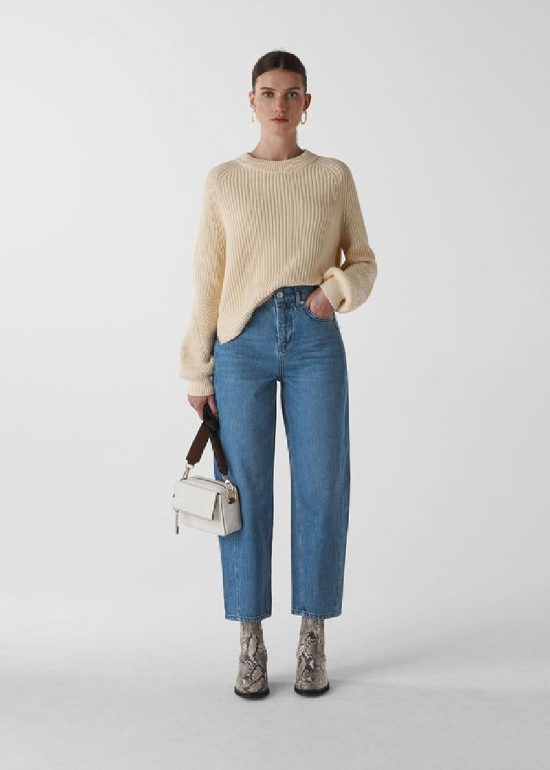 Beige Long Sleeves Sweater, Light Blue Denim Casual Trouser, Jeans Outfit Ideas