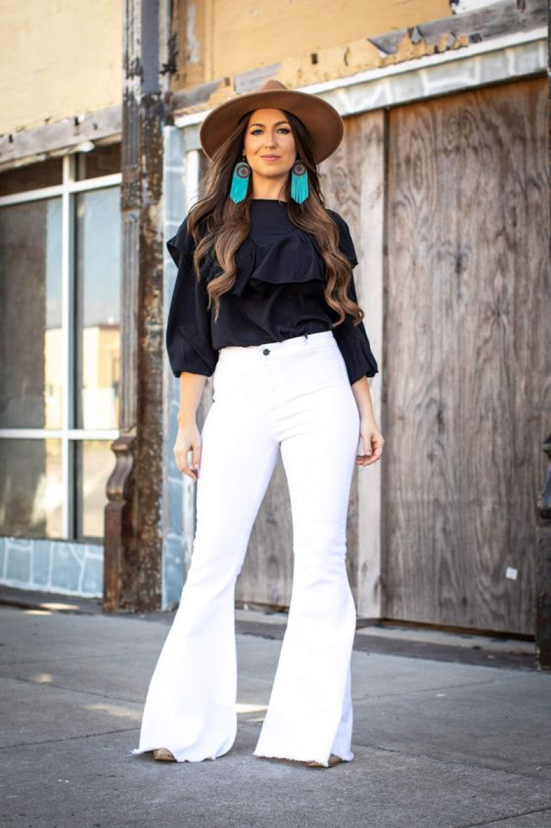 Dark Blue And Navy 3/4 Sleeves Bardot Top, White Denim Jeans, Bell Bottom Outfits
