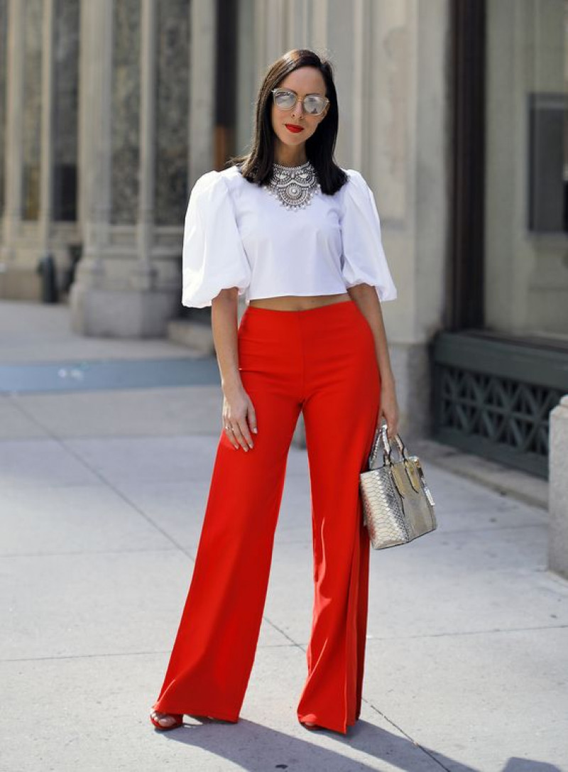 White 3/4 Sleeves Cropped Blouse, Orange Silk Formal Trouser, Outfits With Red Pants / Jeans