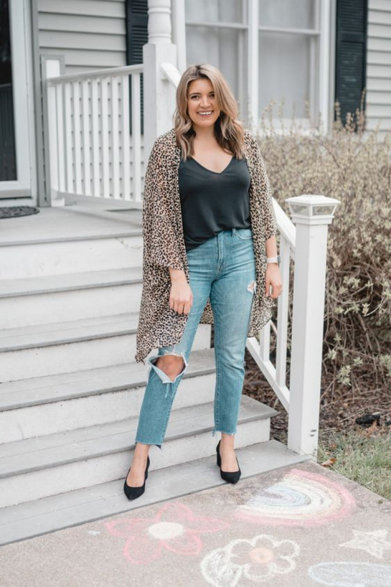 3/4 Sleeves Cardigan, Light Blue Denim Jeans, Kimono Outfit