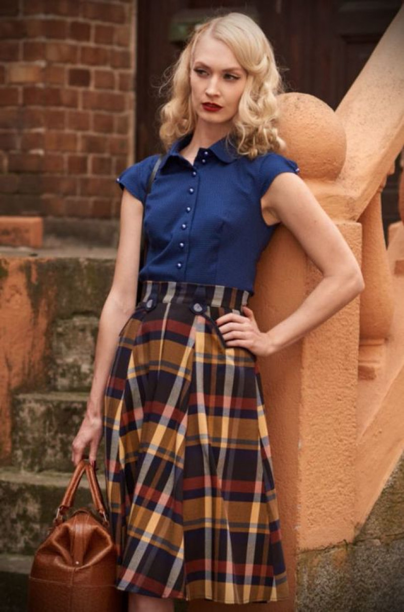 Dark Blue And Navy Short Sleeves Denim Shirt, Cotton A-Line Skirt, Modern Retro