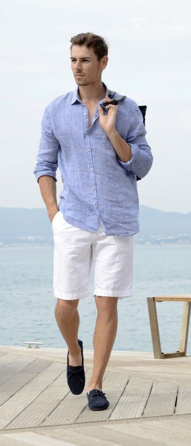 Light Blue 3/4 Sleeves Denim Shirt, White Denim Denim Short, Men's Loafer With Shorts