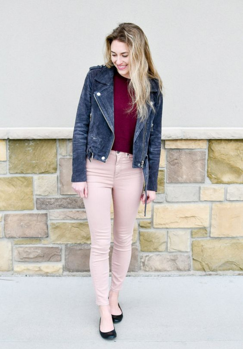 Dark Blue And Navy Biker Jacket, Pink Cotton Casual Trouser, Pink Jeans Outfit