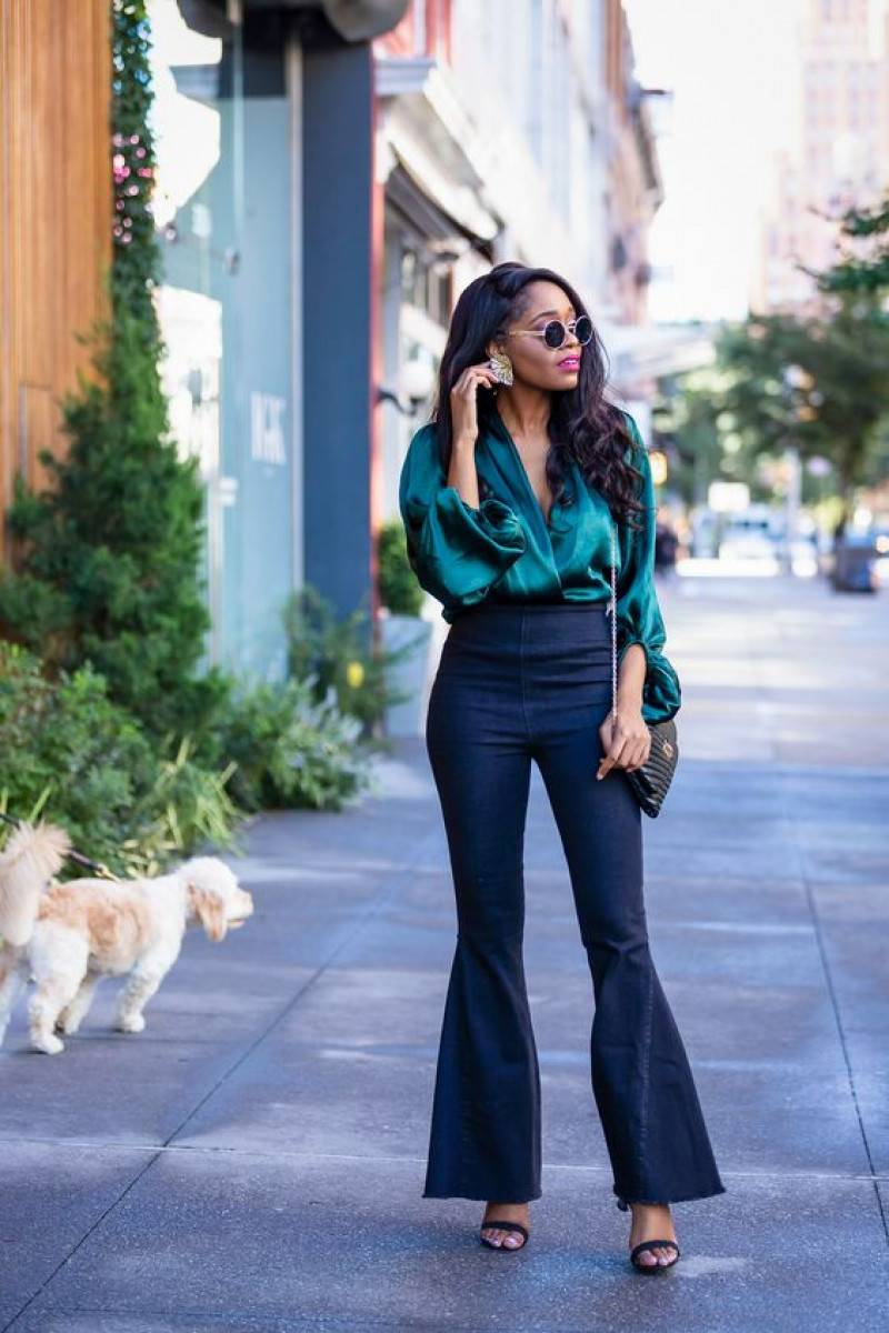 Turquoise Long Sleeves Cropped Blouse, Dark Blue And Navy Denim Casual Trouser, Bell Bottom Outfits