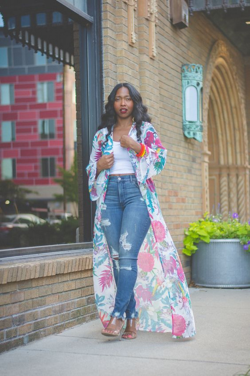 Light Blue Denim Casual Trouser, Kimono Outfit