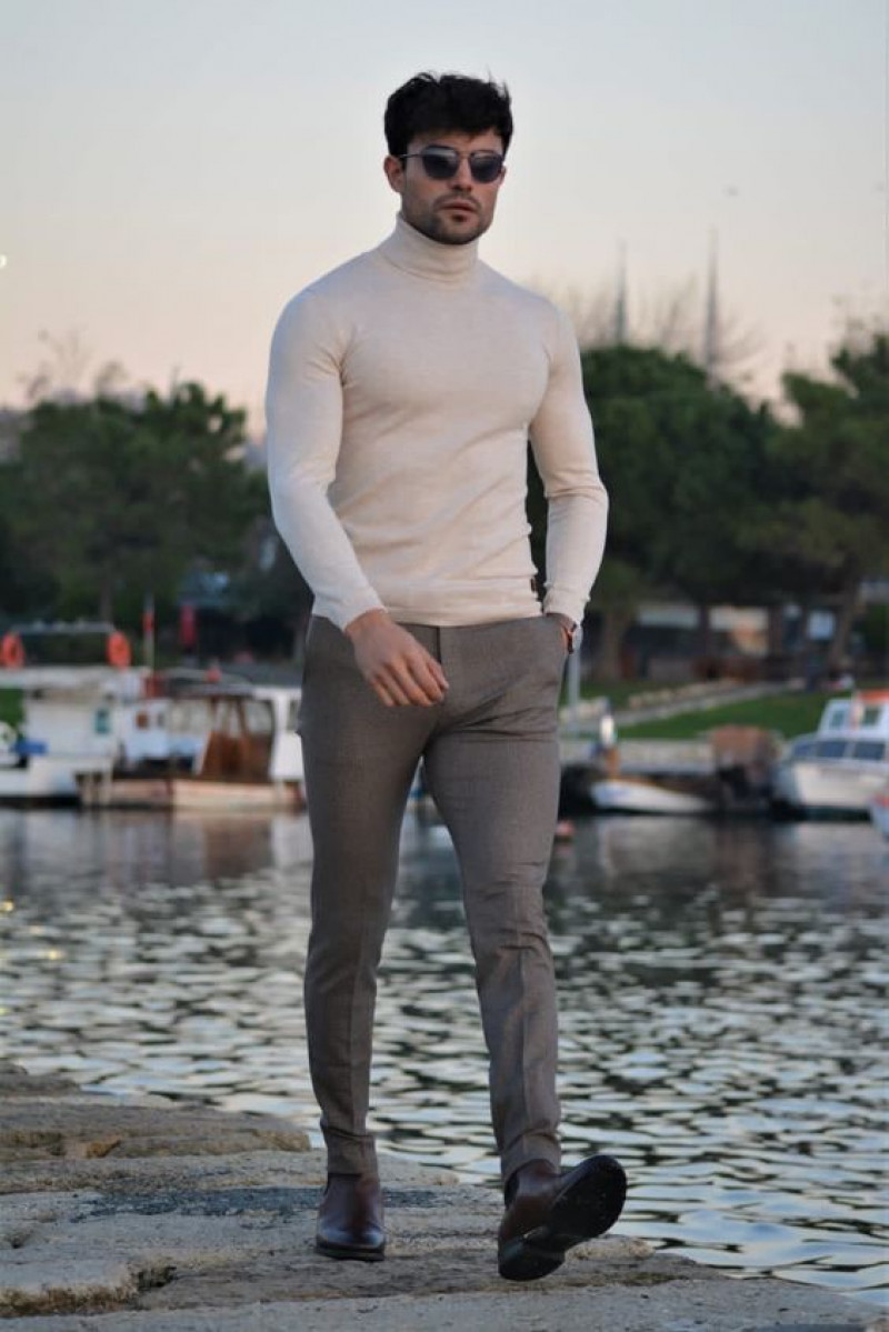 Beige Long Sleeves Sweater, Beige Cotton Casual Trouser, Mens Turtleneck Outfits
