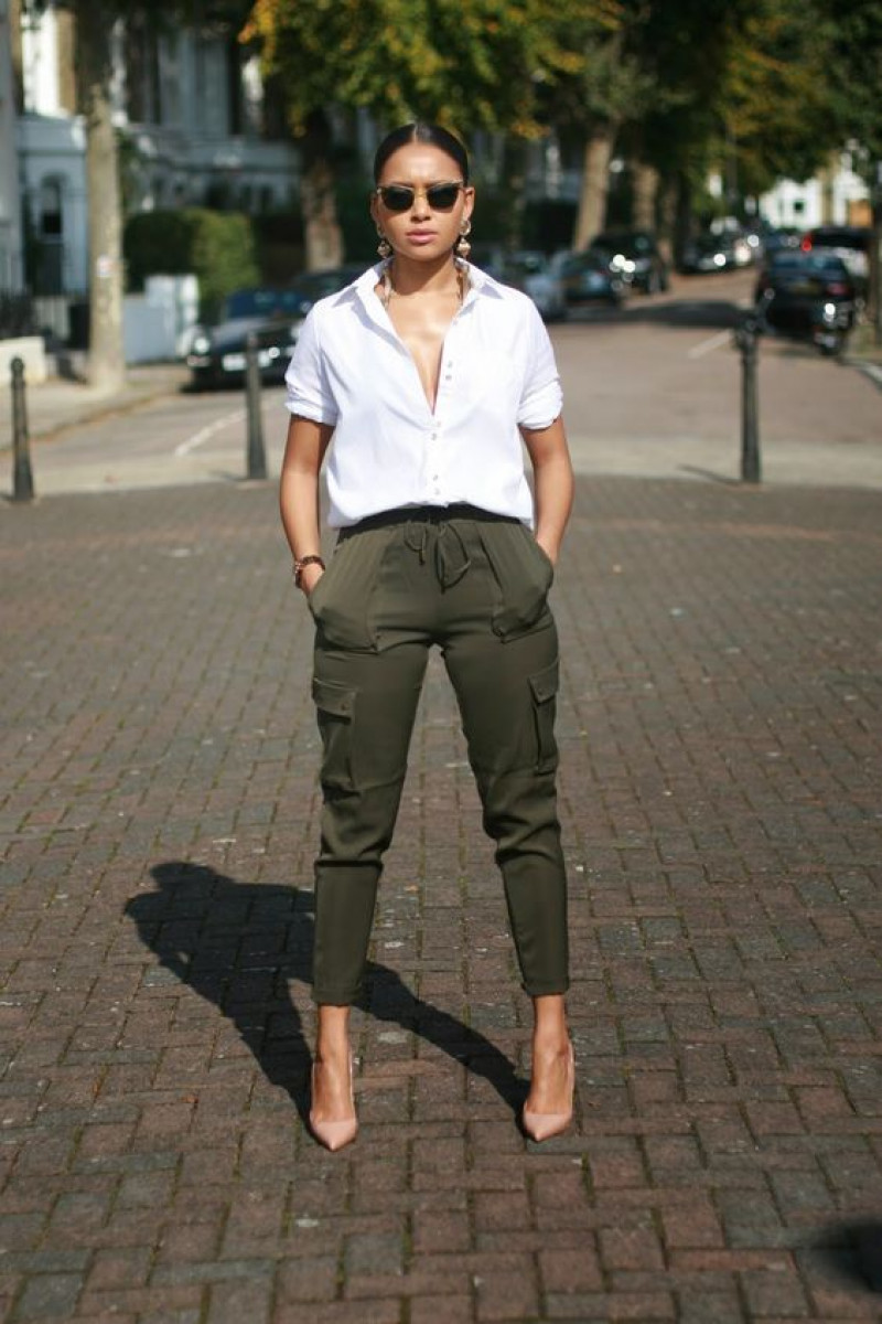 White Short Sleeves Shirt, Green Cotton Casual Trouser, Green Cargo Pants Outfit