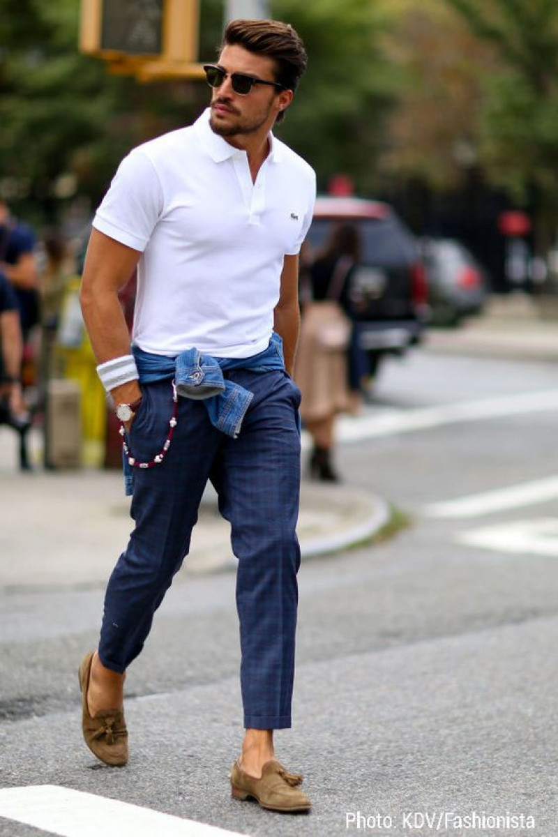 White Short Sleeves Polo-Shirt, Dark Blue And Navy Denim Casual Trouser, Men's Blue Jeans