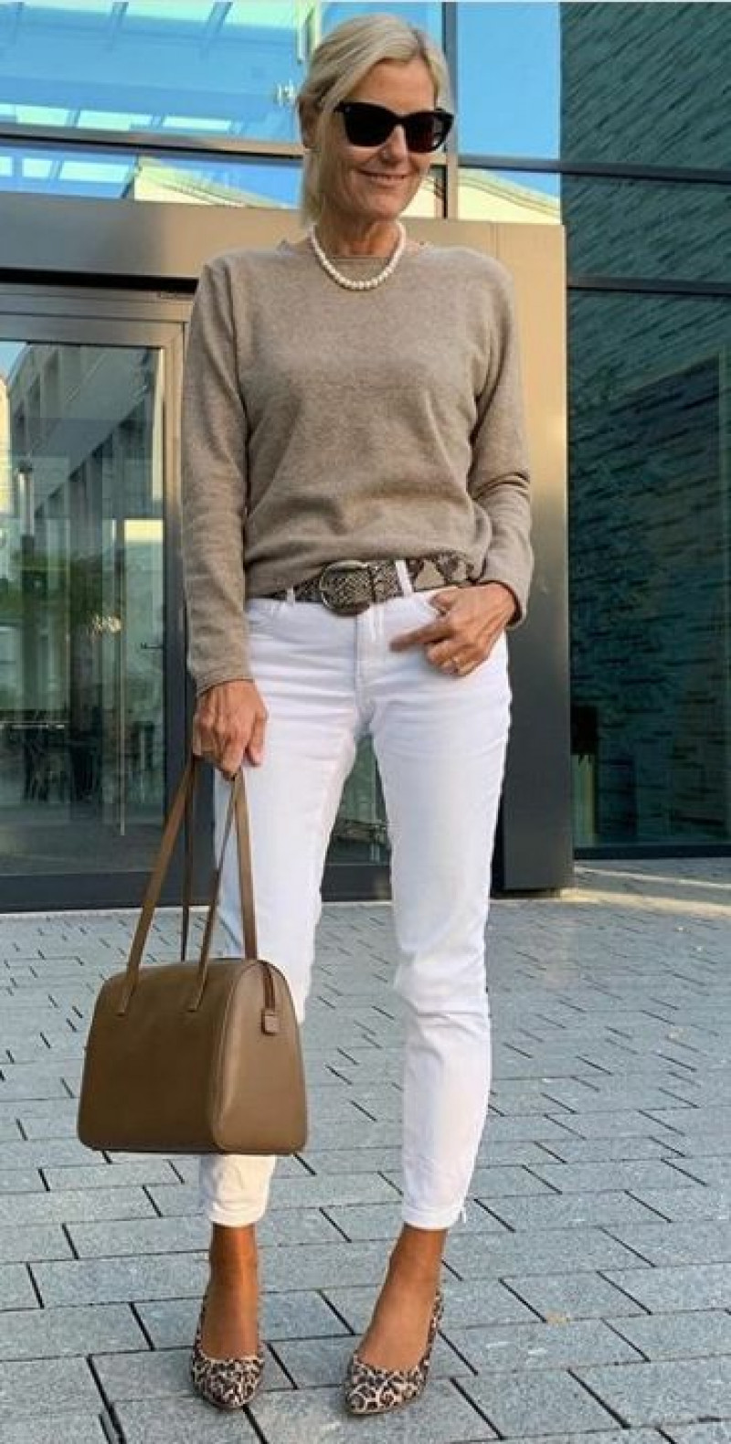 Beige Long Sleeves Sweatshirt, White Cotton Casual Trouser, Dress Over 50