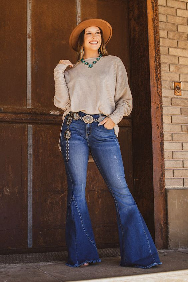 Beige Long Sleeves Sweater, Dark Blue And Navy Denim Casual Trouser, Bell Bottom Outfits