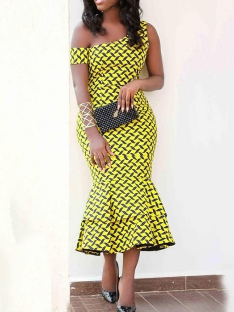 Yellow  Mini Sheath Dress, Off Shoulder Chitenge Dresses