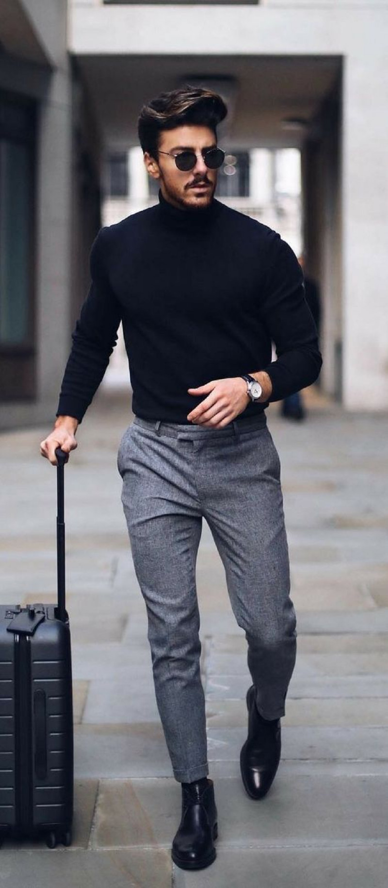 Black Long Sleeves Sweater, Grey Casual Trouser, Mens Turtleneck Outfits