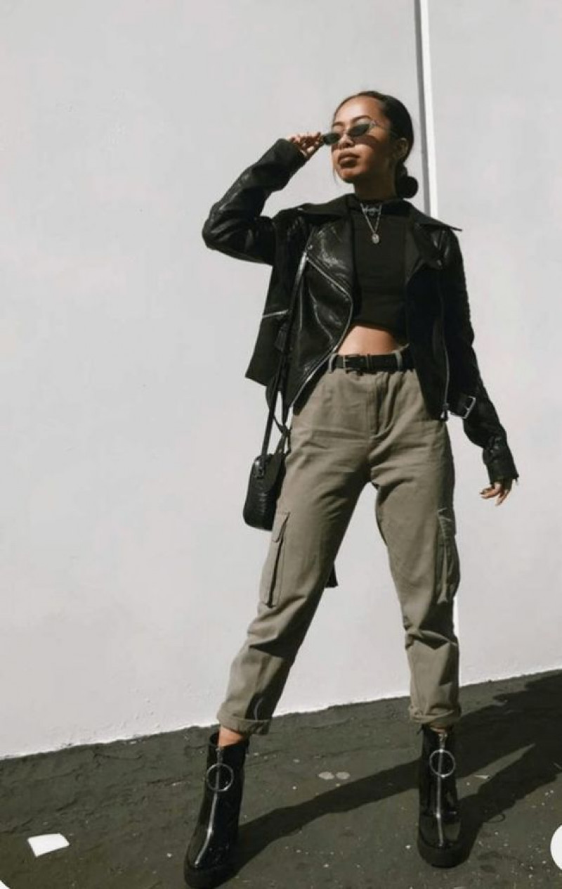 Black Biker Jacket, Beige Cotton Casual Trouser, Green Cargo Pants Outfit